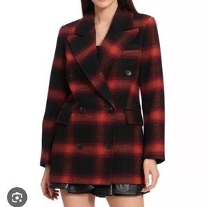 Avec Les Filles Women's Plaid Pea Coat in Red, Black and Orange 80964